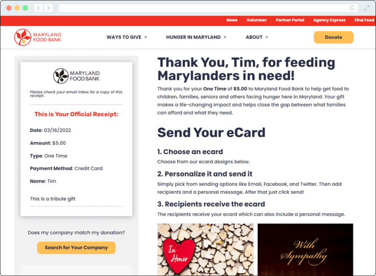 Offer charity eCards on your donation confirmation page like this example.