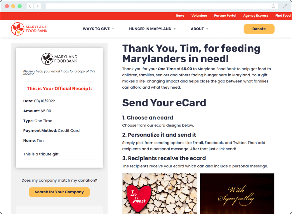 Enable donors to send fundraising eCards on your donation confirmation page.
