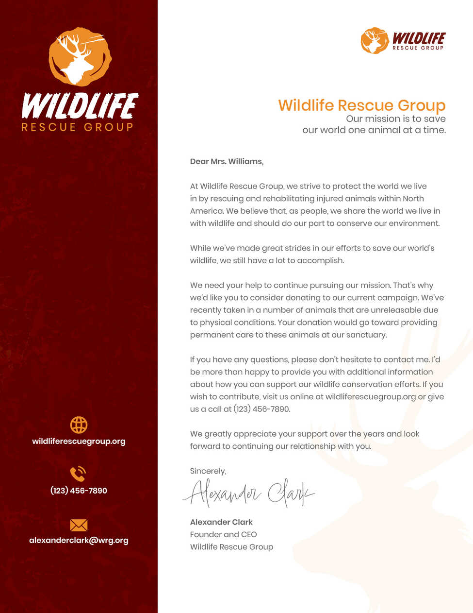 Kwala designed this donation request letter for the Wildlife Rescue Group.