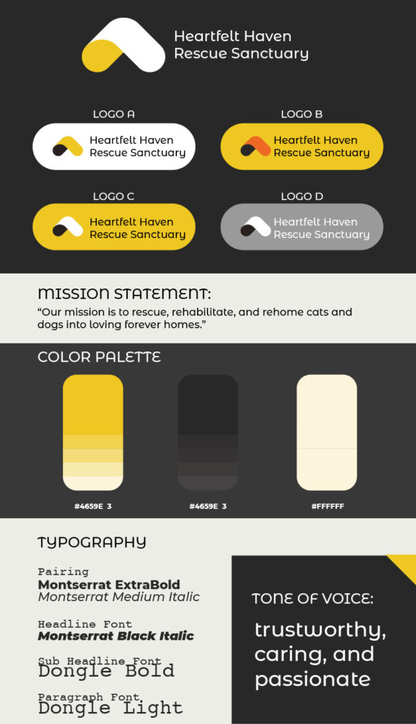 A sample brand guide that includes these sections: color palette, logos, mission statement, typography, and tone of voice