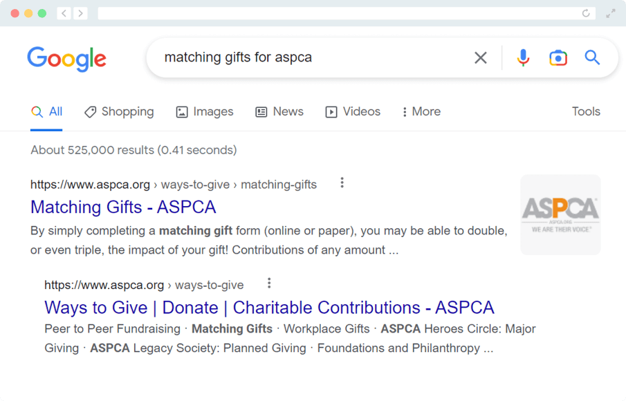 Here's an example of ASPCA promoting matching gifts on Google.