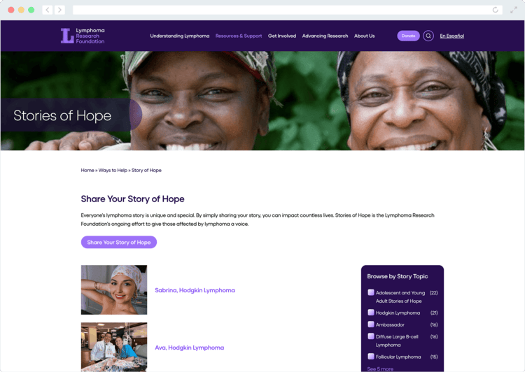 The Lymphoma Research Foundation’s website includes a Stories of Hope page to highlight impact stories.